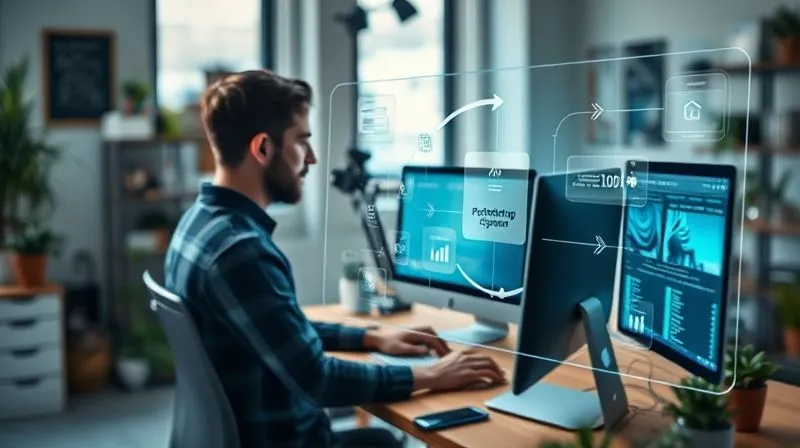 A photorealistic image of a design studio with a designer using a computer, and a holographic interface showing a workflow automation diagram with Photoshop icons and arrows. Cinematic lighting, sharp focus on the designer and the interface, depth of field blurring the background, 8K, professional photography, shot on a high-end DSLR.