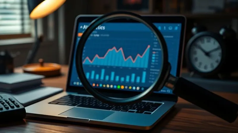 Photorealistic image of a detective's desk with a magnifying glass over a laptop screen displaying a Google Analytics dashboard with a sharp downward trend line. Cinematic lighting, sharp focus on the screen, depth of field. 8K hyper-detailed, professional photography.