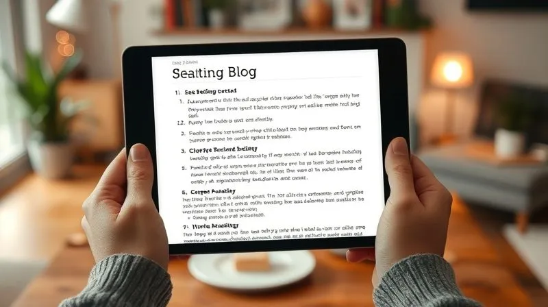 Photorealistic image of a well-structured blog post on a tablet screen, with clear headings, bullet points, and short paragraphs, held by a pair of hands. The background is a blurred, cozy home office. Professional photography, 8K, cinematic lighting, sharp focus on the tablet, depth of field.