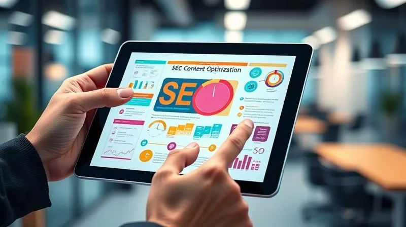 A photorealistic image of a hand interacting with a tablet displaying an engaging, interactive infographic about SEO content optimization. The infographic uses vibrant colors and clear icons. In the background, a subtle blur of a modern office environment. Professional photography, 8K, cinematic lighting, sharp focus on the tablet, depth of field.
