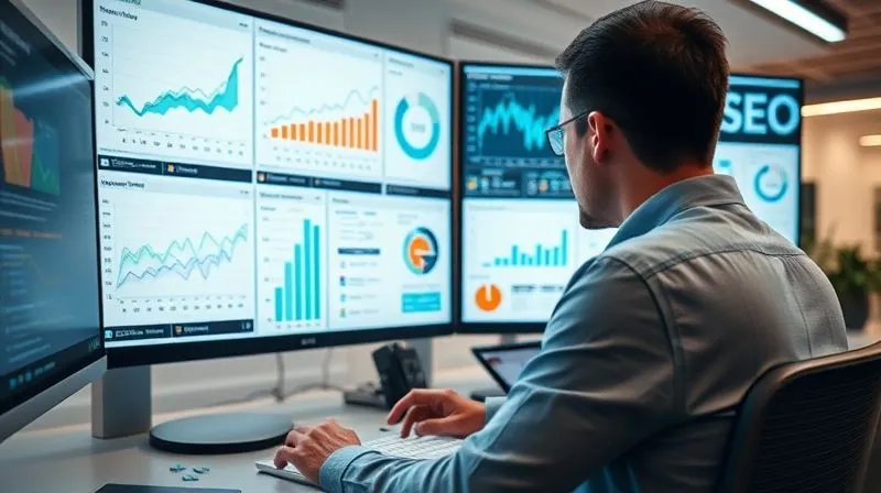 A photorealistic image of a person meticulously analyzing multiple data dashboards on a large screen, showing charts and graphs related to website traffic and SEO performance. The person is focused and surrounded by a modern, clean workspace. Professional photography, 8K, cinematic lighting, sharp focus on the screens, depth of field.