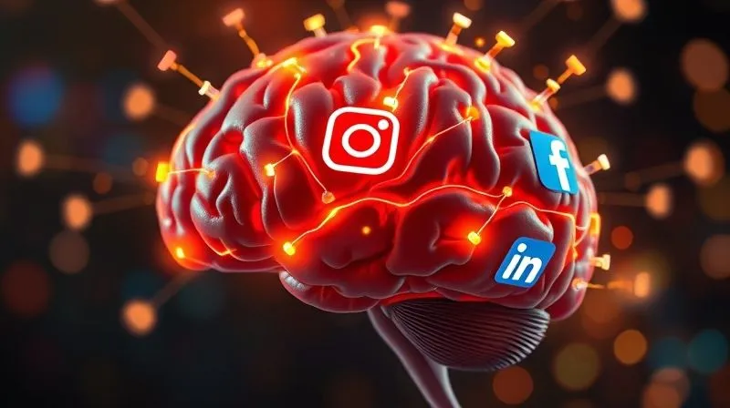 A photorealistic brain with glowing neural pathways connecting to various social media icons (Instagram, Facebook, LinkedIn), symbolizing the psychological impact of social copy. Cinematic lighting, 8K, sharp focus, depth of field, professional photography.