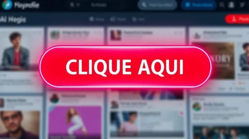 A photorealistic vibrant red button with the text "CLIQUE AQUI" (Click Here) in bold white letters, surrounded by a subtle digital glow, against a blurred background of social media feeds. The button is prominently placed, suggesting action. 8K, cinematic lighting, sharp focus, depth of field.