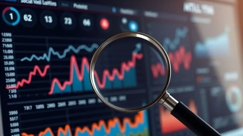 A photorealistic digital dashboard displaying various social media analytics (graphs, charts, numbers) with a magnifying glass hovering over a specific metric, symbolizing data analysis and optimization. Cinematic lighting, 8K, sharp focus, depth of field, professional photography.