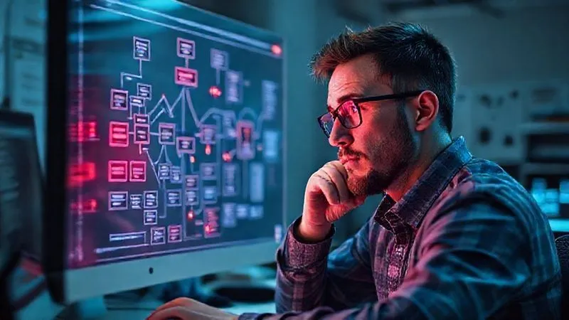 A photorealistic image of a freelancer looking at a complex flowchart on a transparent screen, highlighting bottlenecks with red glowing nodes. The freelancer has a thoughtful expression, surrounded by digital tools and a clean, organized workspace. Cinematic lighting, 8K, sharp focus, depth of field, shot on high-end DSLR.