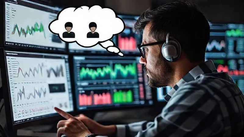 A photorealistic image of a freelancer analyzing market data on multiple screens, with graphs and user personas displayed prominently. A thought bubble above their head shows a perfectly designed, user-friendly digital template. Cinematic lighting, 8K, sharp focus on the data and persona, depth of field, shot on high-end DSLR.