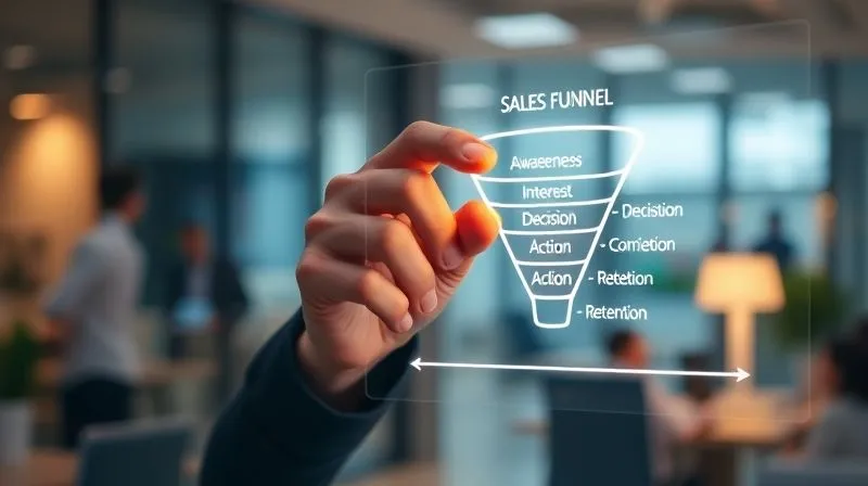 A photorealistic, professional photography, 8K image of a freelancer's hand drawing a clear, illuminated sales funnel diagram on a transparent screen, with different stages like 'Awareness', 'Interest', 'Decision', 'Action', and 'Retention' clearly visible. Cinematic lighting, sharp focus on the hand and diagram, depth of field blurring a modern office background, shot on a high-end DSLR.