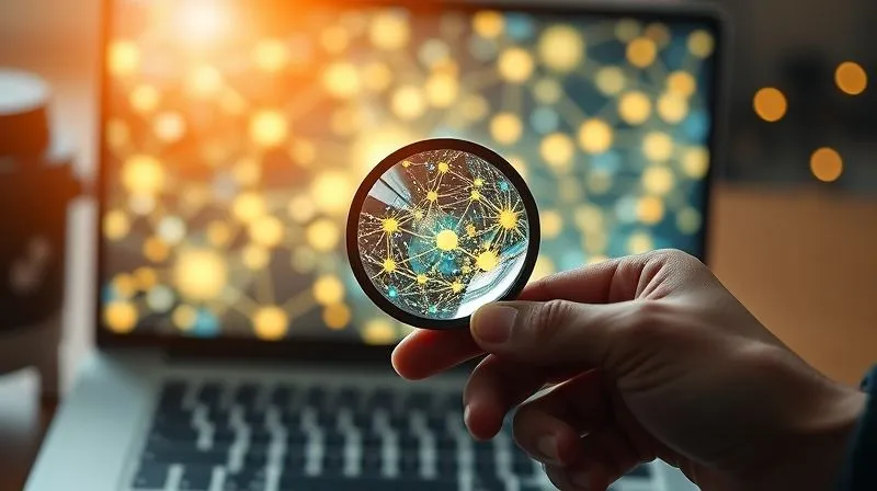 A photorealistic, professional photography, 8K image of a freelancer's hand holding a magnifying glass over a complex, glowing network of digital connections, symbolizing targeted lead generation. Cinematic lighting, sharp focus on the magnifying glass and network, depth of field blurring a laptop screen in the background, shot on a high-end DSLR.