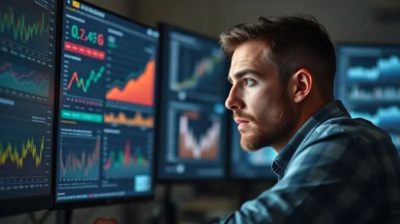A photorealistic, professional photography, 8K image of a freelancer analyzing complex data on multiple screens, showing charts and graphs related to sales funnels and conversion rates. The freelancer looks focused and determined. Cinematic lighting, sharp focus on the screens and the freelancer's face, depth of field blurring the background, shot on a high-end DSLR.