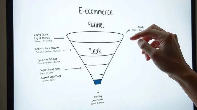 A photorealistic, professional photography of a sleek, minimalist e-commerce funnel diagram on a digital whiteboard, with clear, distinct stages. A hand is pointing to a specific 'leak' area, surrounded by data points. Cinematic lighting, sharp focus, 8K hyper-detailed, shot on a high-end DSLR.