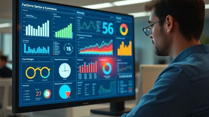 A photorealistic, professional photography of a person calmly analyzing a complex digital dashboard with various e-commerce metrics, charts, and funnel visualizations. The person is focused but not stressed. Cinematic lighting, sharp focus on the screen, depth of field blurring the office background. 8K hyper-detailed, shot on a high-end DSLR.