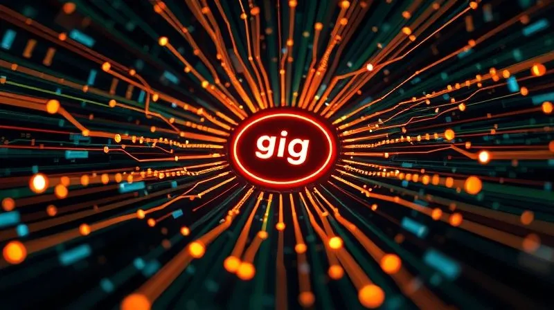 A photorealistic abstract visualization of a complex digital algorithm, with data streams flowing and connecting, representing Fiverr's ranking system. Glowing lines converge towards a central, prominent gig icon. Cinematic lighting, sharp focus, depth of field, 8K hyper-detailed, professional photography, shot on a high-end DSLR.