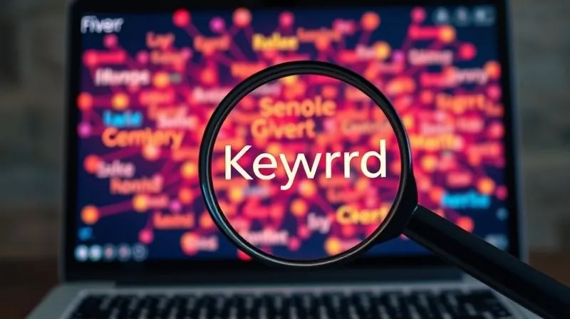 A photorealistic image of a digital magnifying glass hovering over a vibrant, interconnected network of keywords and tags, symbolizing strategic keyword research for Fiverr gigs. The background shows a laptop screen with Fiverr's interface. Cinematic lighting, sharp focus on the magnifying glass and keywords, depth of field, 8K hyper-detailed, professional photography, shot on a high-end DSLR.