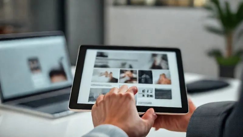 A photorealistic image of a hand interacting with a sleek, minimalist online portfolio on a tablet, showcasing a responsive design across different device views (phone, laptop in background). Soft, ambient lighting in a professional setting. Sharp focus on the tablet, depth of field. 8K hyper-detailed, professional photography, shot on a high-end DSLR.