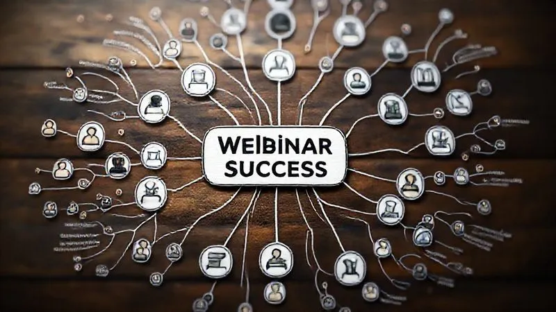 A photorealistic image of a detailed mind map with connections radiating from a central 'Webinar Success' node, surrounded by icons representing audience, content, offer, and promotion. Professional photography, 8K, cinematic lighting, sharp focus, depth of field, shot on a high-end DSLR.
