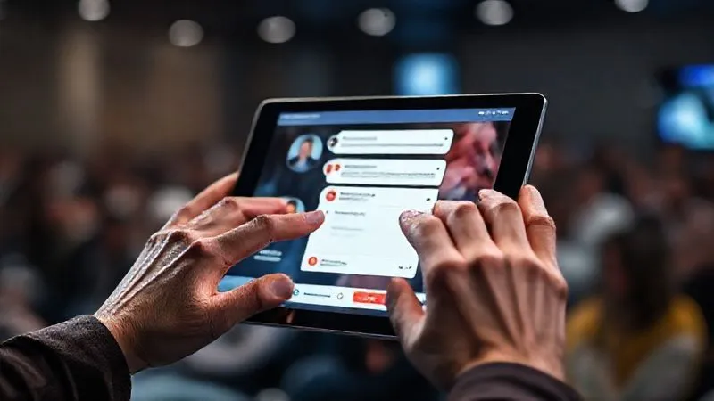 A photorealistic image of a person's hands interacting with a sleek, futuristic tablet displaying a live webinar interface with chat bubbles and an interactive poll. The background shows a blurred audience engaging. Professional photography, 8K, cinematic lighting, sharp focus on the tablet and hands, depth of field, shot on a high-end DSLR.
