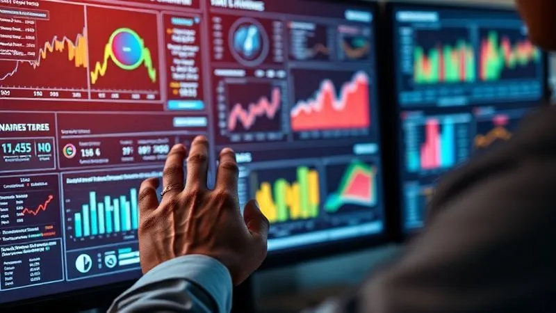 A photorealistic image of a data analyst's hands interacting with multiple screens displaying complex dashboards with charts, graphs, and conversion funnels related to webinar performance. Professional photography, 8K, cinematic lighting, sharp focus on the screens and hands, depth of field, shot on a high-end DSLR.