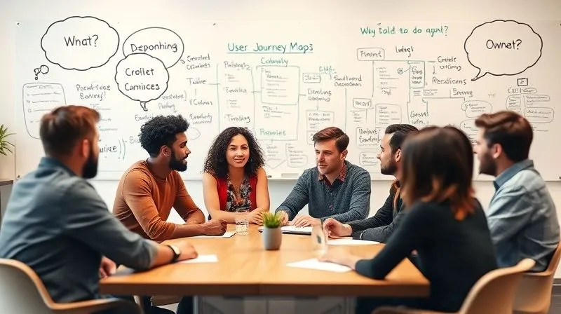 A photorealistic image of a diverse group of people sitting around a table, engaged in a deep discussion, with thought bubbles above their heads showing complex questions and problems. A whiteboard in the background is filled with keywords and user journey maps. Cinematic lighting, sharp focus on the group, depth of field blurring the background, 8K hyper-detailed, professional photography.