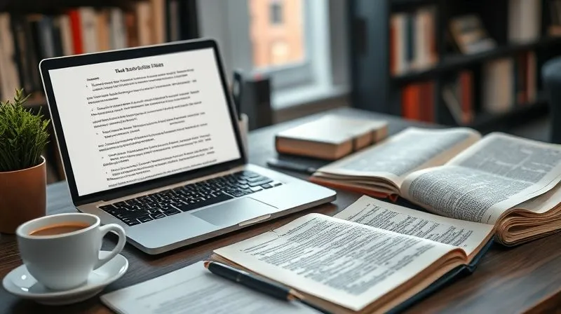 A photorealistic image of a meticulously organized desk with a laptop displaying a complex article structure, detailed notes, and several open books, symbolizing deep research and content creation. A cup of coffee and a pen suggest focused work. Cinematic lighting, sharp focus on the desk, depth of field blurring a background bookshelf, 8K hyper-detailed, professional photography.