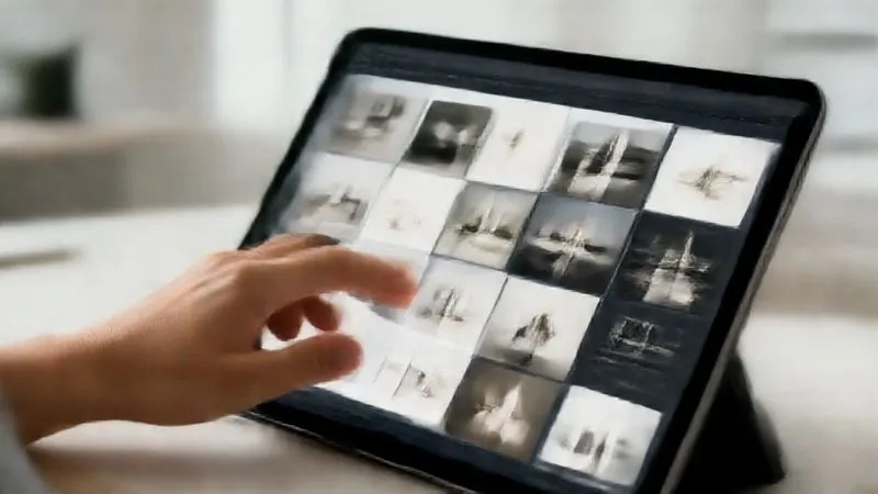 A photorealistic image of a designer's hand hovering over a tablet screen, meticulously selecting and arranging digital portfolio pieces. The screen displays various high-quality design projects with a minimalist, elegant interface. The background is a clean, modern studio with soft, natural light. Sharp focus on the hand and screen, depth of field, 8K, professional photography, cinematic lighting, shot on a high-end DSLR.