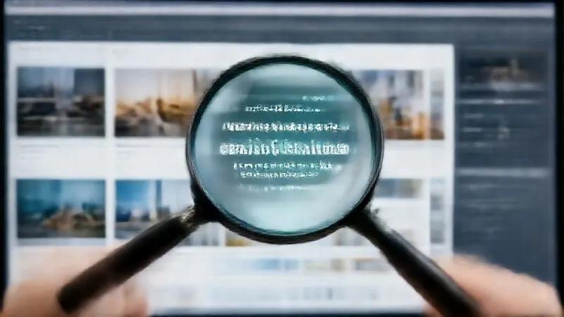 A photorealistic image of a digital magnifying glass hovering over a vibrant, professional online design portfolio. The screen shows well-organized project case studies and a clean interface. The magnifying glass highlights specific keywords and strategic placements within the portfolio, symbolizing search engine optimization and visibility. Cinematic lighting, sharp focus, depth of field, 8K, professional photography, shot on a high-end DSLR.