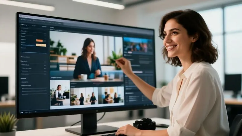 A photorealistic image of a confident designer smiling subtly, looking at a beautifully designed digital portfolio displayed on a large, high-resolution monitor. The screen reflects a successful project, and the designer's posture exudes professionalism and accomplishment. The background is a modern, sunlit studio. Cinematic lighting, sharp focus on the designer and screen, depth of field, 8K, professional photography, shot on a high-end DSLR.