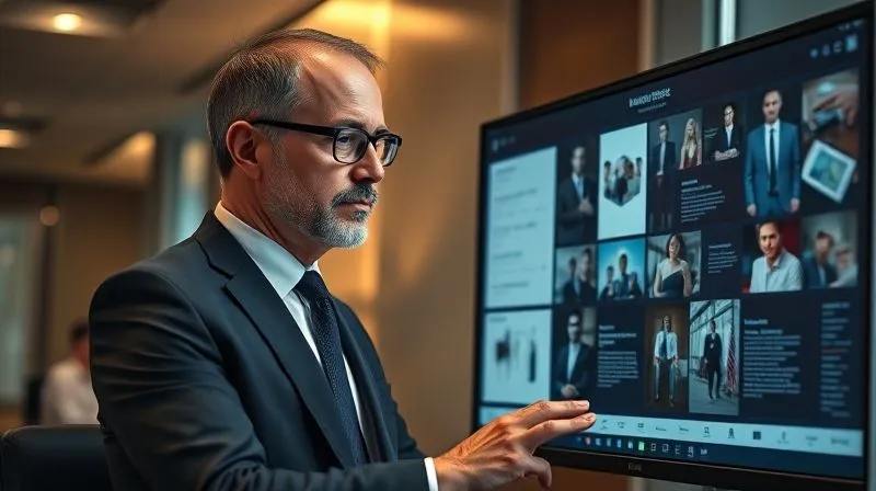 A photorealistic image of a sophisticated business executive, dressed in a sharp suit, intently reviewing a well-designed digital portfolio on a large monitor. The executive has a thoughtful, discerning expression, surrounded by subtle hints of a premium office environment. Cinematic lighting, sharp focus on the executive and screen, depth of field blurring the background, 8K hyper-detailed.