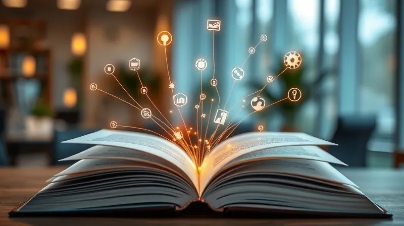 A photorealistic image of an open book with glowing, interconnected lines and icons emerging from its pages, symbolizing storytelling and data visualization. The background is softly blurred, showing a modern office environment. Cinematic lighting, sharp focus on the book and glowing elements, depth of field, 8K hyper-detailed. Emotional resonance: insightful, impactful, transformative.