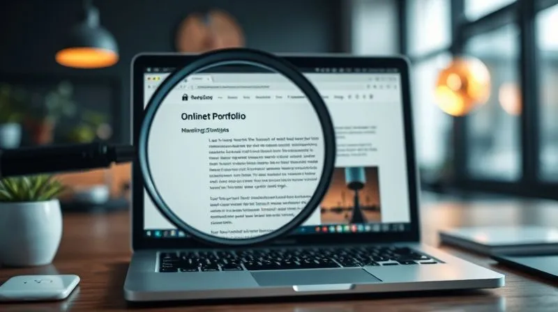 A photorealistic image of a magnifying glass hovering over a section of a well-designed online portfolio displayed on a laptop screen. The screen shows a detailed project description with clear headings and keywords. The background is a slightly blurred, modern workspace. Cinematic lighting, sharp focus on the magnifying glass and screen, depth of field, 8K hyper-detailed. Emotional resonance: meticulous, detailed, discovery.