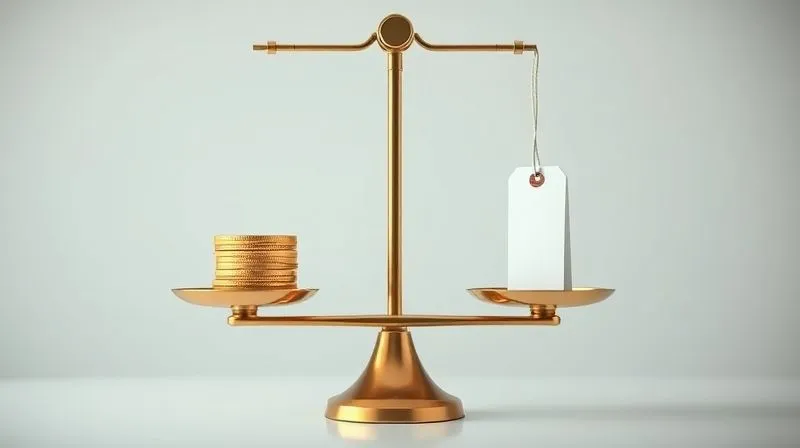 A photorealistic image of a balanced scale, with a stack of gold coins (representing value) on one side, significantly outweighing a single, small price tag on the other. The background is a clean, minimalist professional setting. Cinematic lighting, sharp focus on the scale and its contents, depth of field, 8K hyper-detailed. Emotional resonance: balance, worth, premium value.