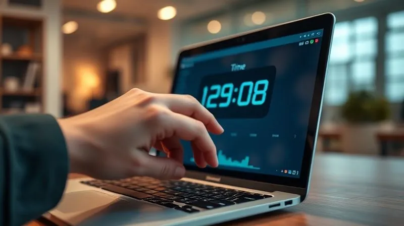 A photorealistic, professional photography, 8K, cinematic lighting, sharp focus, depth of field, shot on a high-end DSLR, showing a freelancer's hand hovering over a laptop keyboard, with a digital clock or timer application clearly visible on the screen, displaying elapsed time for a project. The background is a slightly blurred modern office environment, symbolizing the tracking of work hours and tasks. The overall mood is focused and efficient, with subtle light rays. No text or logos.