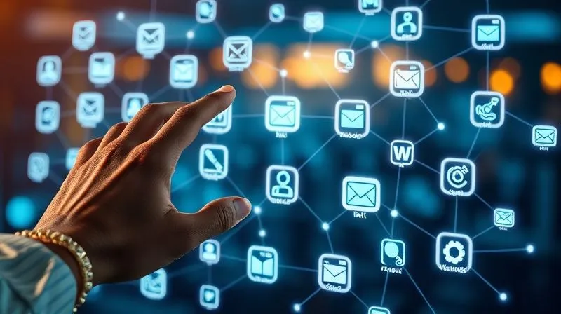 A photorealistic, professional photography, 8K, cinematic lighting, sharp focus, depth of field, shot on a high-end DSLR, showing a complex network of glowing digital lines connecting various app icons (e.g., email, calendar, project management, social media) on a futuristic screen, symbolizing automated workflows and interconnected digital tools. A hand (diverse, gender-neutral) is interacting with a touch-screen interface, orchestrating these connections, with a sense of seamless efficiency. The background is a blurred, dynamic digital landscape.