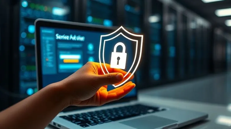 A photorealistic, professional photography, 8K, cinematic lighting, sharp focus, depth of field, shot on a high-end DSLR, depicting a glowing, intricate digital shield icon superimposed over a laptop screen, which displays a secure login page. The background is a blurred server room or data center, emphasizing digital protection. A hand (diverse, gender-neutral) is poised to type, conveying a sense of vigilance and security.