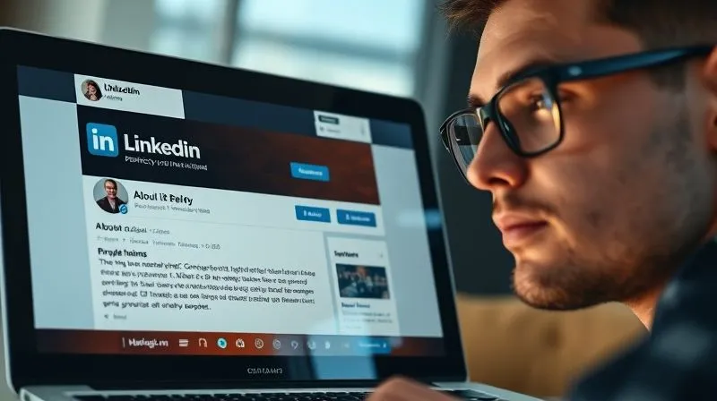 A close-up, photorealistic image of a laptop screen showing a perfectly optimized LinkedIn headline and "About" section, with key phrases highlighted. The screen reflects a subtle glow on a professional's face, conveying clarity and impact. 8K, cinematic lighting, sharp focus, depth of field, shot on a high-end DSLR.