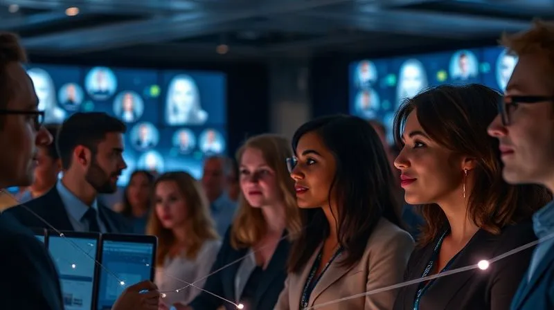 A photorealistic image of a diverse group of professionals interacting and networking at a virtual event, their faces illuminated by screens. Connections are subtly visualized as glowing lines between profiles, emphasizing strategic engagement and community building on LinkedIn. 8K, cinematic lighting, sharp focus on faces, depth of field, shot on a high-end DSLR.