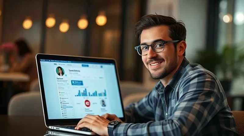A photorealistic image of a freelancer looking confidently at a laptop screen, which displays a LinkedIn profile with glowing positive metrics (profile views, engagement). The background is slightly blurred, showing a successful, modern office environment. The freelancer's expression is one of satisfaction and accomplishment. 8K, cinematic lighting, sharp focus, depth of field, shot on a high-end DSLR.