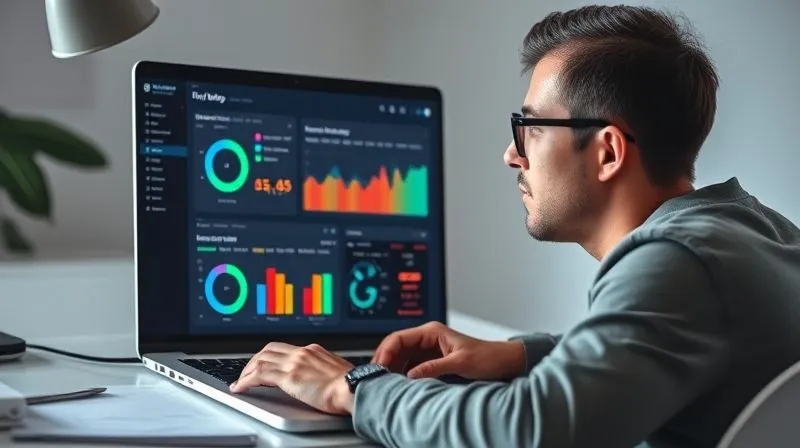 A photorealistic image of a freelancer looking at a detailed time tracking dashboard on a laptop, with various colorful graphs and charts showing activity breakdown. The freelancer has a thoughtful expression, surrounded by a clean, minimalist workspace. Cinematic lighting, sharp focus on the screen, depth of field, 8K, professional photography.