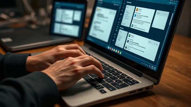 A photorealistic image of a freelancer efficiently typing on a keyboard, with multiple email templates open on a screen, demonstrating quick communication. The overall scene conveys speed and organization. Cinematic lighting, sharp focus on the hands and screen, depth of field, 8K, professional photography.