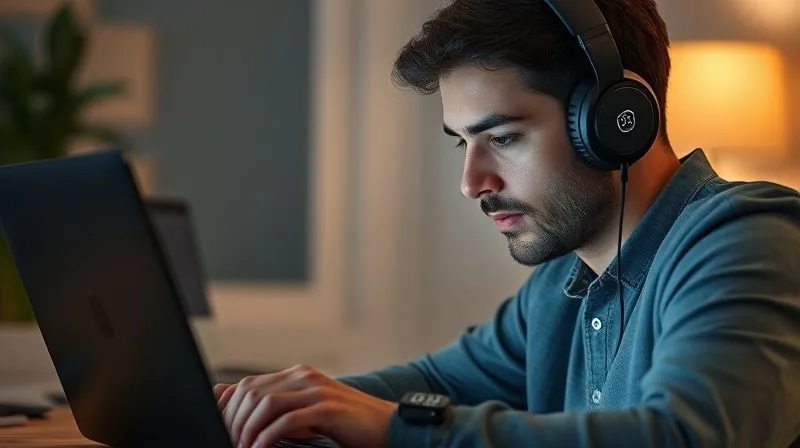 A photorealistic image of a freelancer wearing noise-canceling headphones, deeply focused on a task on a laptop, with a blurred background suggesting a calm, distraction-free environment. A subtle timer icon is visible on the screen. Cinematic lighting, sharp focus on the freelancer's face and screen, depth of field, 8K, professional photography.