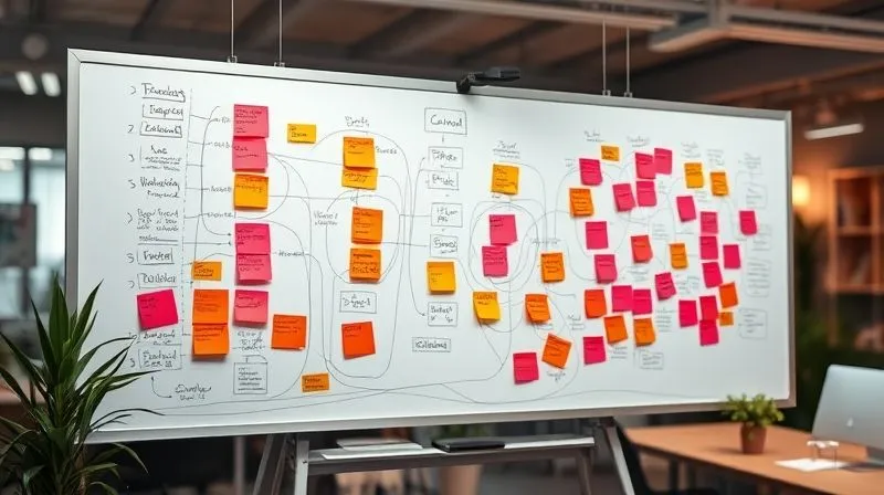 A photorealistic, professional photography shot of a complex workflow diagram on a whiteboard, with intricate lines and sticky notes, some highlighted in red indicating bottlenecks. The overall scene has cinematic lighting, sharp focus on the diagram, depth of field blurring the background office setting, 8K hyper-detailed, shot on a high-end DSLR.