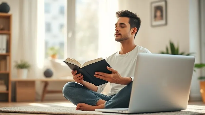 A photorealistic, professional photography shot of a serene freelancer meditating or reading a book in a peaceful, sunlit home office, with a laptop closed nearby. The scene has cinematic lighting, sharp focus on the person, depth of field blurring the background, 8K hyper-detailed, shot on a high-end DSLR.