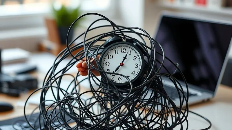 A photorealistic image depicting a tangled mess of digital wires and clocks, with a single hand trying to untangle them, symbolizing wasted time and inefficiency. The background is a blurred office desk with a laptop. Cinematic lighting, sharp focus on the tangled wires, depth of field. 8K hyper-detailed, professional photography, shot on a high-end DSLR.