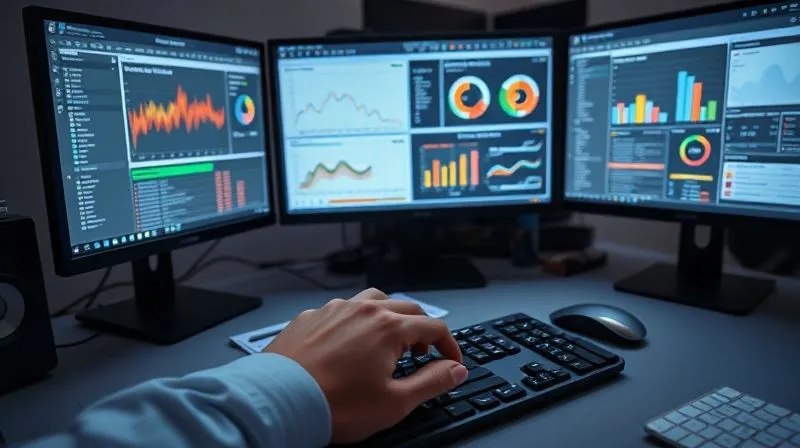 A photorealistic image of a freelancer's desk, impeccably organized with multiple screens displaying project management software, automation dashboards, and communication tools. A single hand hovers over a keyboard, symbolizing efficient control. Cinematic lighting, sharp focus on the digital interfaces, depth of field. 8K hyper-detailed, professional photography, shot on a high-end DSLR.