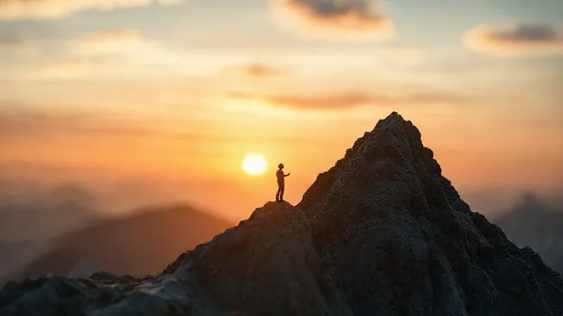 A photorealistic image depicting a financial graph with extreme peaks and valleys, symbolizing volatile income, with a tiny, resilient figure of a freelancer standing firmly at the base of a rising peak, looking towards a stable horizon. Cinematic lighting, sharp focus on the graph and figure, depth of field blurring the distant horizon. 8K hyper-detailed, professional photography, shot on a high-end DSLR.