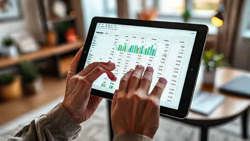 A photorealistic image of a person's hands holding a digital tablet displaying a flexible budget spreadsheet, with various categories (income, savings, expenses) represented by dynamic bar graphs that adjust in real-time. The background shows a cozy, modern home office. Cinematic lighting, sharp focus on the tablet and hands, depth of field blurring the background. 8K hyper-detailed, professional photography, shot on a high-end DSLR.
