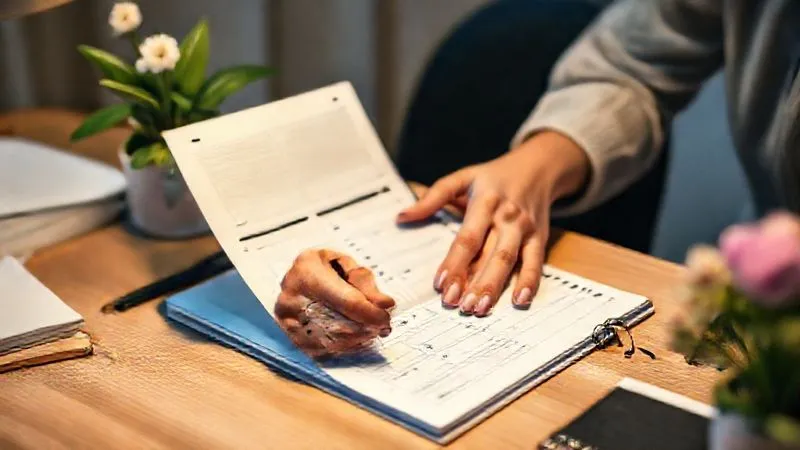 A photorealistic image of a freelancer's hands meticulously organizing a financial planner, with a focused expression, surrounded by subtle elements of personal growth like a blooming plant and a well-lit desk. The atmosphere is calm and determined. Cinematic lighting, sharp focus on the hands and planner, depth of field blurring the background. 8K hyper-detailed, professional photography, shot on a high-end DSLR.