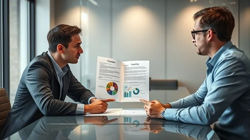 A photorealistic image of two professionals, one a Python developer and the other a client, engaged in a serious but amicable discussion across a modern meeting table. The developer is pointing to a well-structured project proposal document, highlighting key sections about value and strategy. Cinematic lighting, sharp focus on their interaction, 8K, professional photography, depth of field. Shot on a high-end DSLR, conveying clear communication and negotiation.