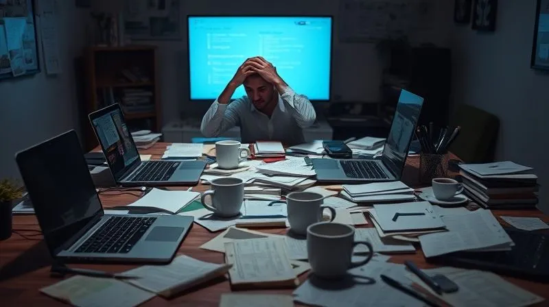 A photorealistic image of a messy freelancer's desk at night, with multiple open laptops, scattered papers, empty coffee cups, and a stressed person's hand rubbing their temples in the background, dimly lit by screen light. The scene conveys overwhelm and disorganization. professional photography, 8K, cinematic lighting, sharp focus, depth of field, shot on a high-end DSLR