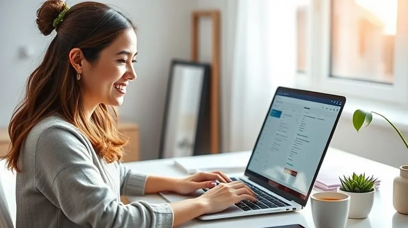 A photorealistic image of a focused female freelancer, smiling gently, working at a clean, organized desk during the day. Her laptop screen clearly displays a digital Kanban board with all tasks neatly categorized and prioritized. Natural light streams in, creating an atmosphere of calm productivity and control. professional photography, 8K, cinematic lighting, sharp focus, depth of field, shot on a high-end DSLR