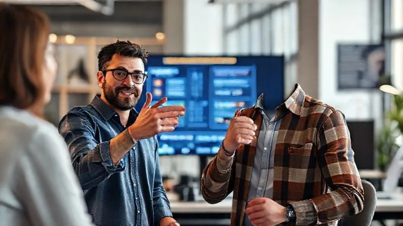 A photorealistic image of a freelancer programmer confidently presenting a complex solution to a client, with a clear visual representation of the project's positive impact on a screen behind them. The programmer is gesturing towards the benefits, while the client nods in understanding. Cinematic lighting, sharp focus on the interaction, depth of field blurring the office background. 8K hyper-detailed.